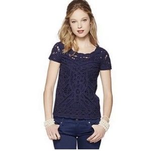 Lilly Pulitzer Size S Lace Knit Jamie blouse top T-Shirt Navy Blue Short Sleeve